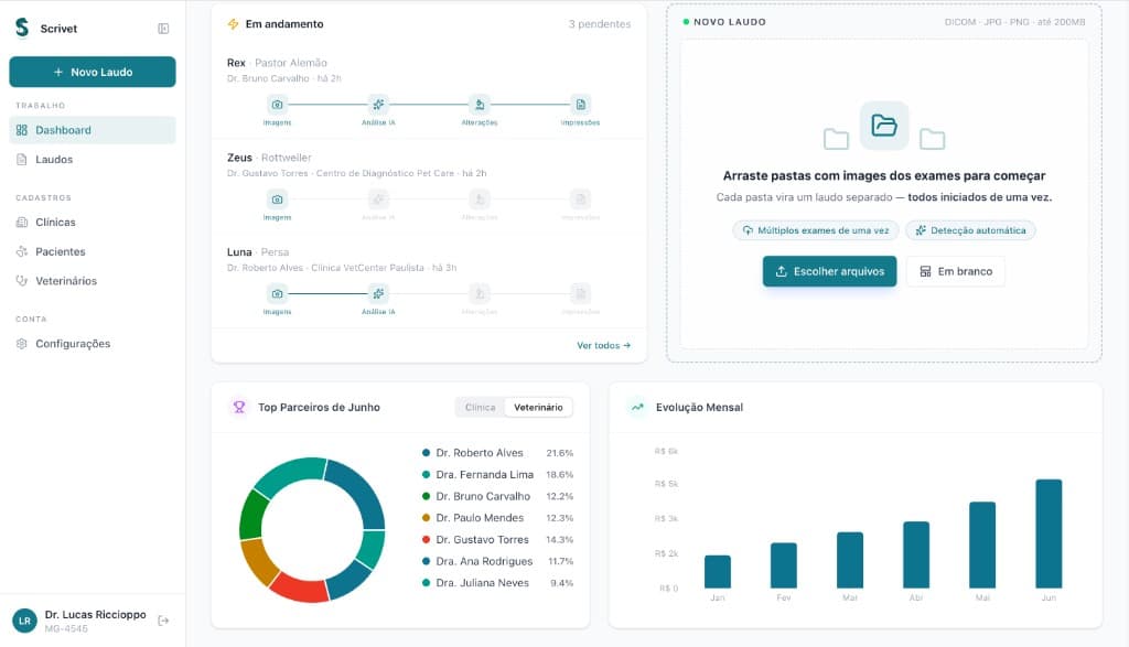 Dashboard com métricas e evolução mensal de laudos de ultrassom